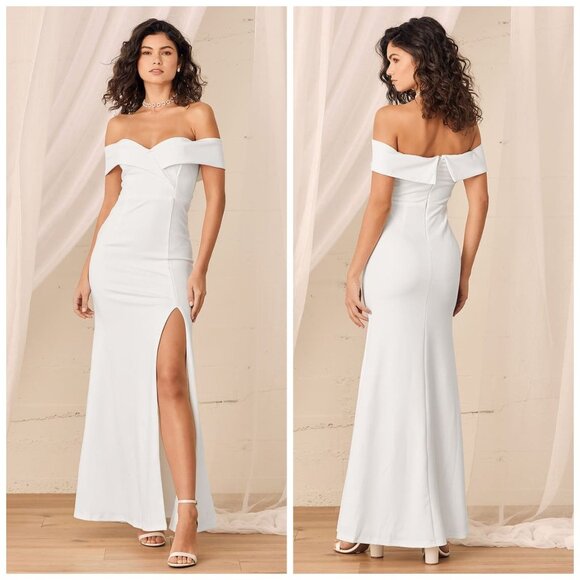 LULUS NWOT Song of Love White Off-the-Shoulder Maxi Wedding Dress Women's Sz S - Picture 11 of 14